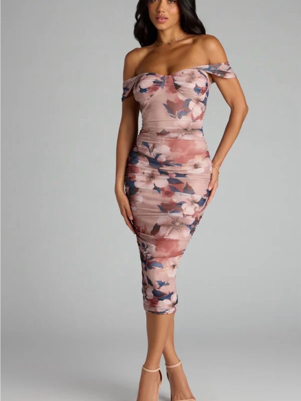 Windsor Romance Rewritten Off-Shoulder Floral Midi Dress in Blush Rose and Navy